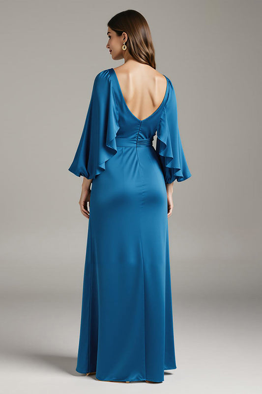 Robe de soirée longue bleu roi en satin à col en V avec manches et cravate noire