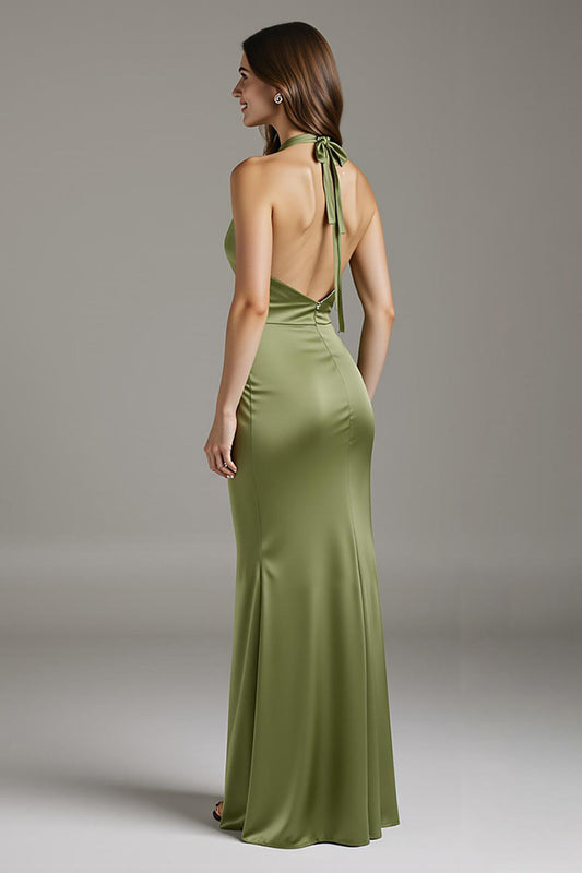 Robe longue de soirée vert sauge en satin fourreau à col montant et fente