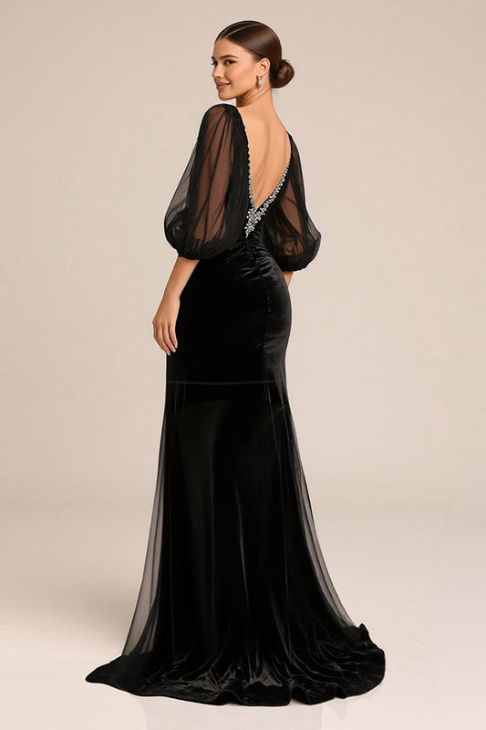 Black Mermaid V-Neck Long Sleeves Black Tie Dress with Lace