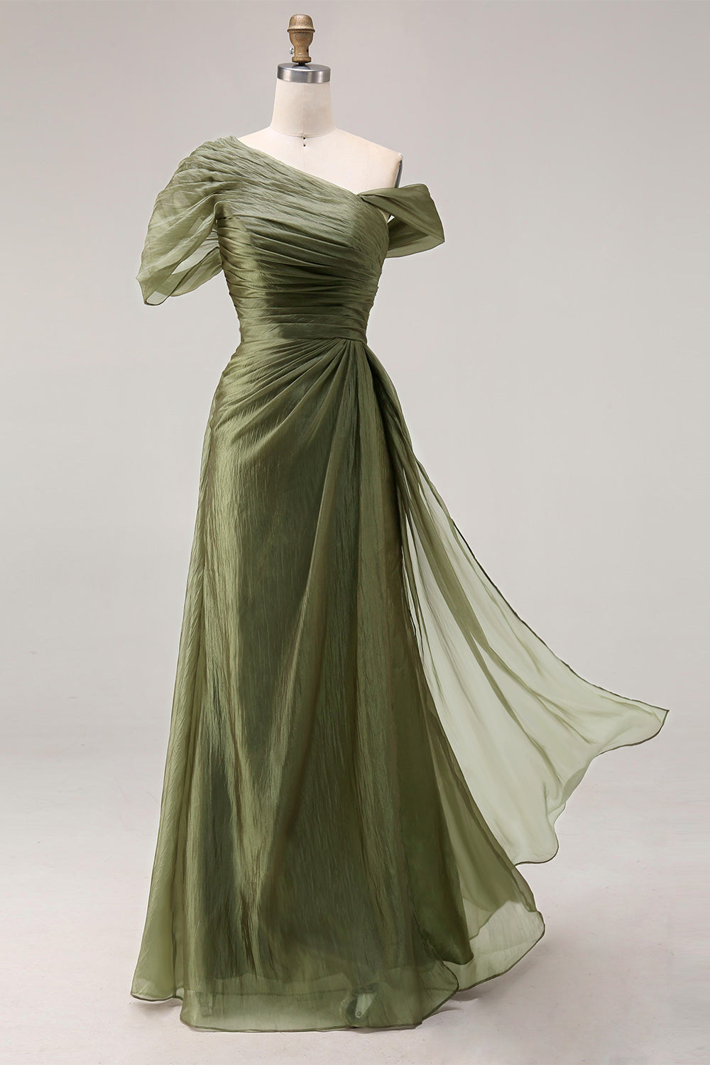 Dusty Sage One Shoulder Pleated A-Line Long Plus Size Formal Dress