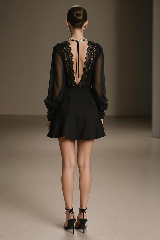 Black Chiffon Deep V-Neck A Line Short Cocktail Dress with Sleeves