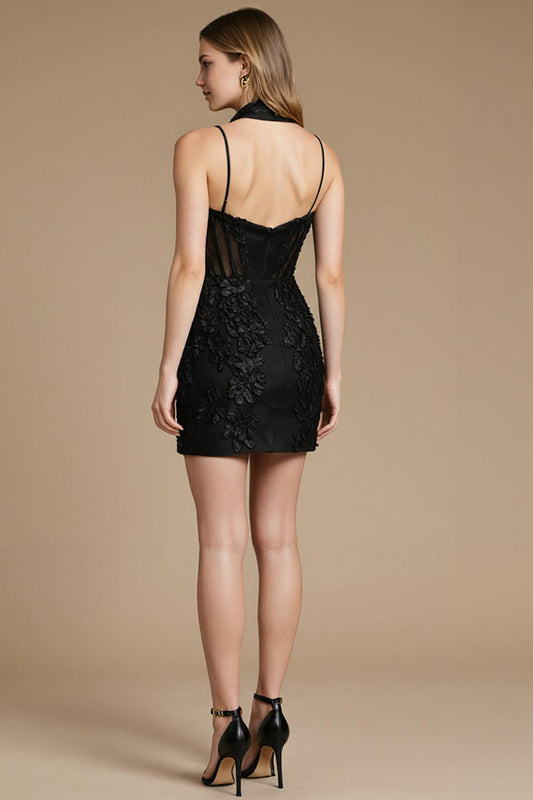 Robe de Cocktail Courte Noire à Corset et Bretelles Fines Florales Coupe A-ligne