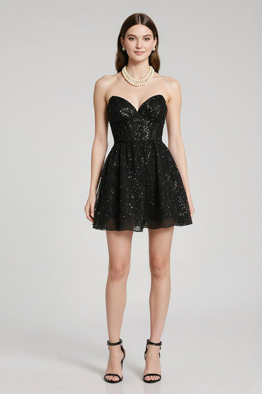 Robe de cocktail courte noire à sequins scintillants avec bustier en cœur et coupe trapèze