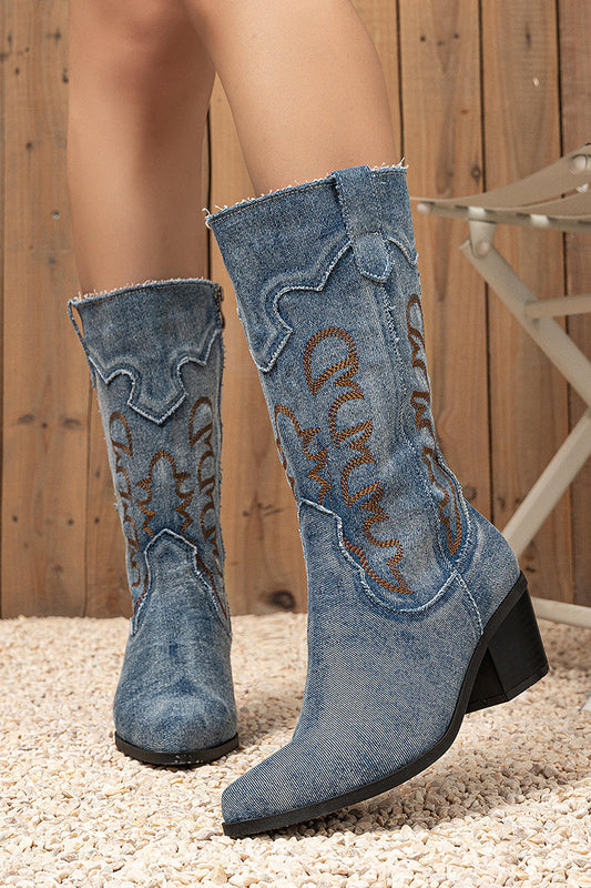 Dark Blue Pointed Toe Mid-Calf Chunky Heel Embroidered Cowgirl Boots