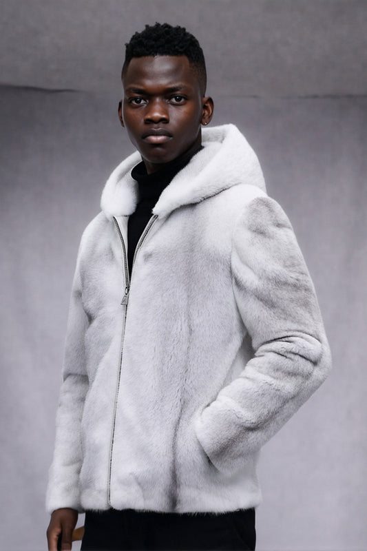 Manteau d'hiver long à capuche pour homme en fausse fourrure blanche avec fermeture éclair