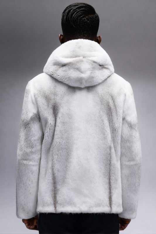 Manteau d'hiver long à capuche pour homme en fausse fourrure blanche avec fermeture éclair