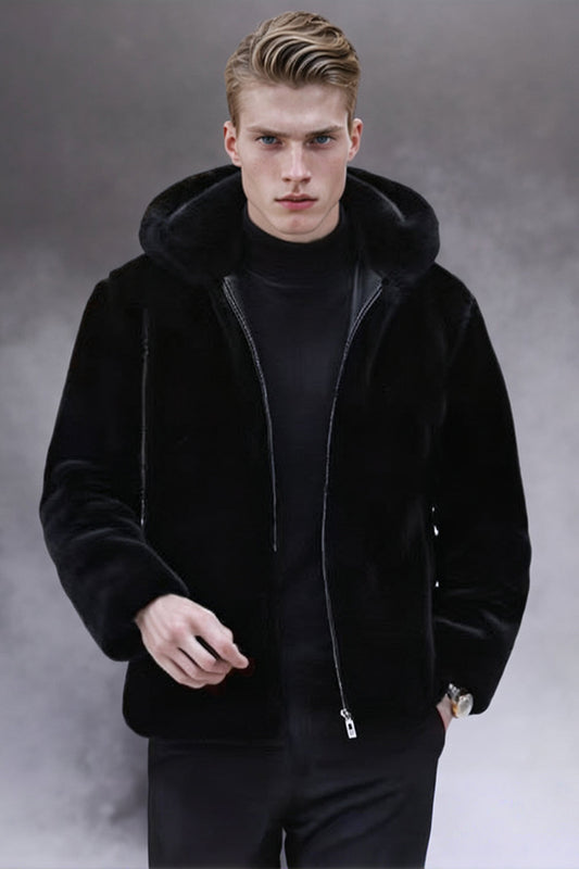 Manteau d'hiver zippé à capuche en fausse fourrure noire à manches longues pour homme