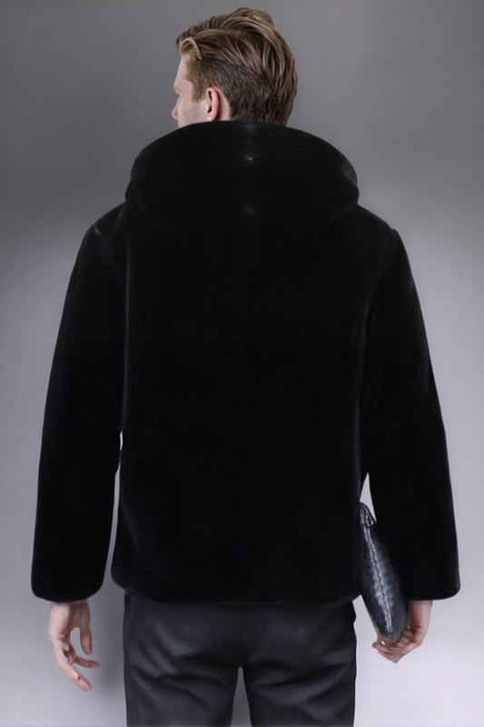 Manteau d'hiver zippé à capuche en fausse fourrure noire à manches longues pour homme