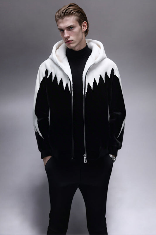 Manteau d'hiver zippé à capuche pour homme en fausse fourrure noir et blanc