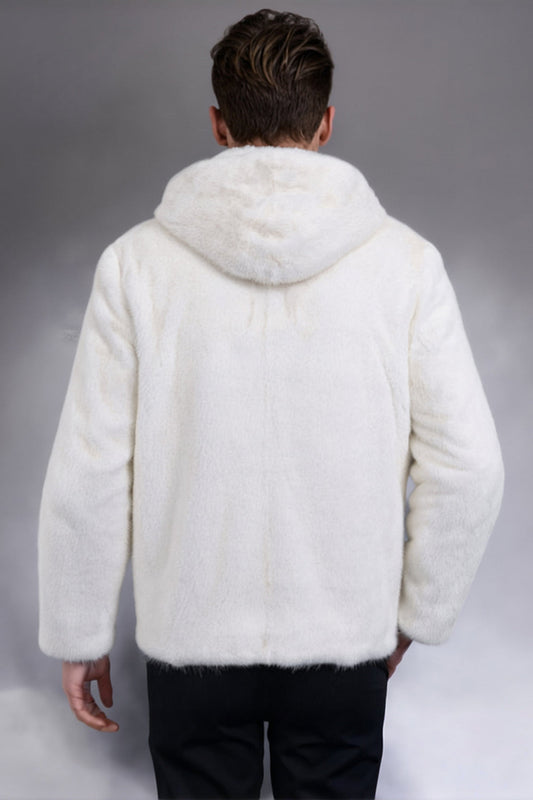 Manteau homme en fausse fourrure blanche épaisse à capuche