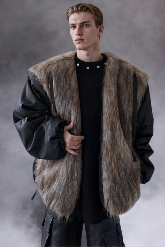 Manteau réversible pour homme en fausse fourrure couleur café