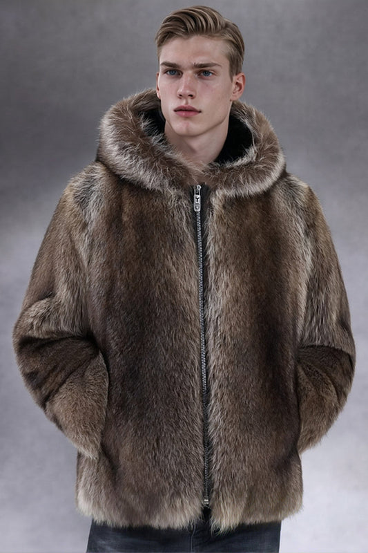 Manteau d'hiver à capuche en fausse fourrure épaisse couleur café pour homme
