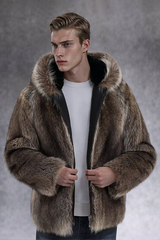 Manteau d'hiver à capuche en fausse fourrure épaisse couleur café pour homme