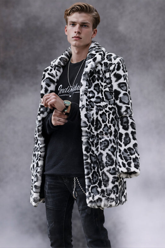 Manteau pour homme noir et blanc en fausse fourrure léopard à col châle
