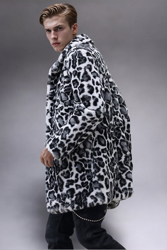 Manteau pour homme noir et blanc en fausse fourrure léopard à col châle