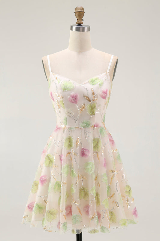 Robe de soirée mini trapèze abricot à sequins motif floral