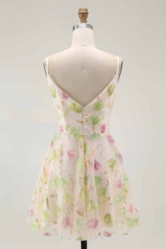 Robe de soirée mini trapèze abricot à sequins motif floral