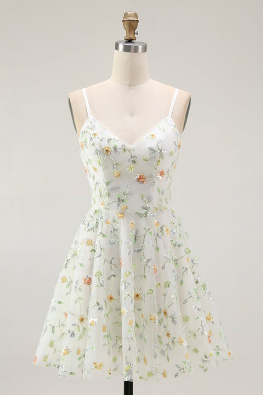 Robe de bal courte évasée à bretelles spaghetti et imprimé floral vert