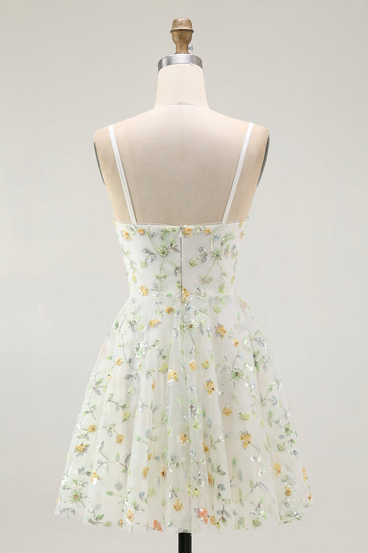 Robe de bal courte évasée à bretelles spaghetti et imprimé floral vert