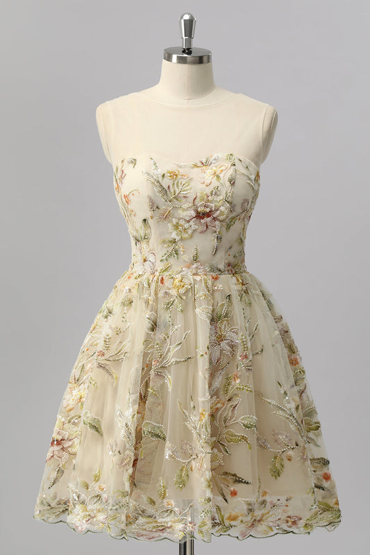 Apricot Floral A-Line Illusion Beaded Mini Cocktail Dress
