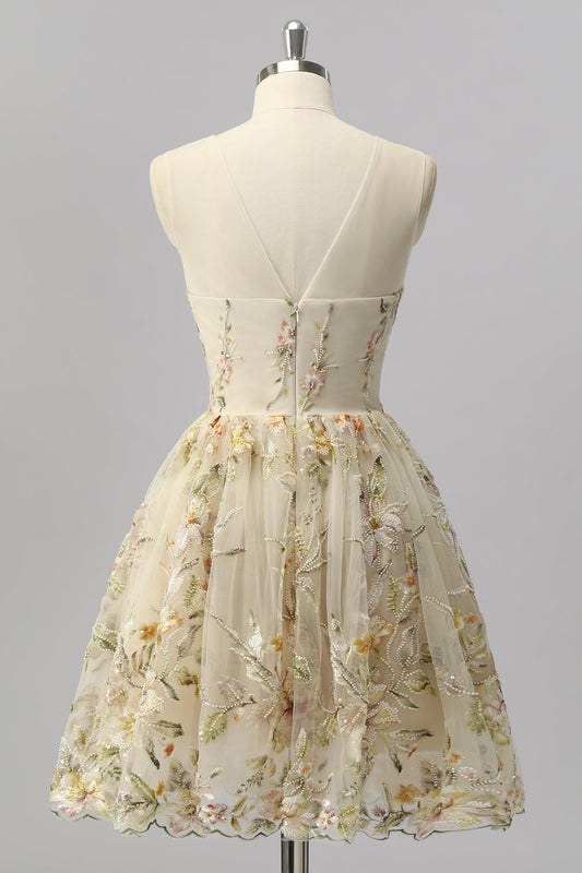 Apricot Floral A-Line Illusion Beaded Mini Cocktail Dress