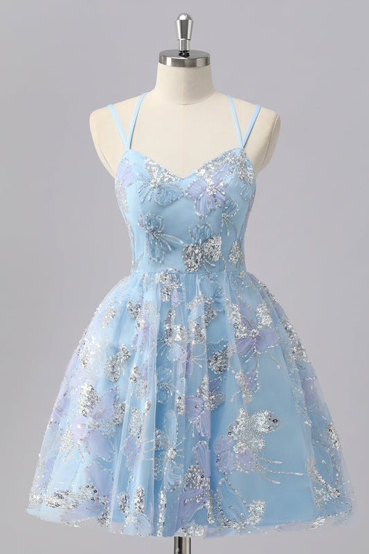 Robe mini de cocktail trapèze à paillettes et motif floral bleu