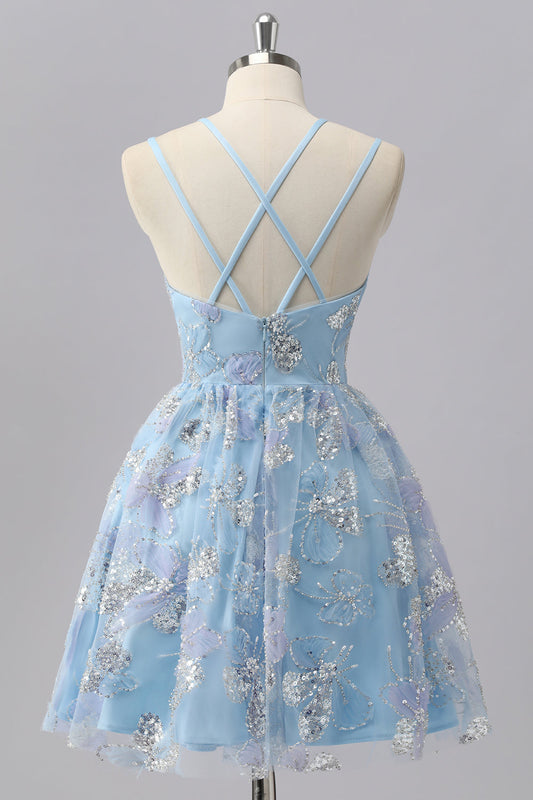 Robe mini de cocktail trapèze à paillettes et motif floral bleu