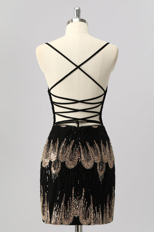 Robe de soirée courte moulante noire à sequins avec laçage au dos