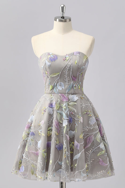 Grey A-line Strapless Floral Mini Cocktail Dress with Embroidery