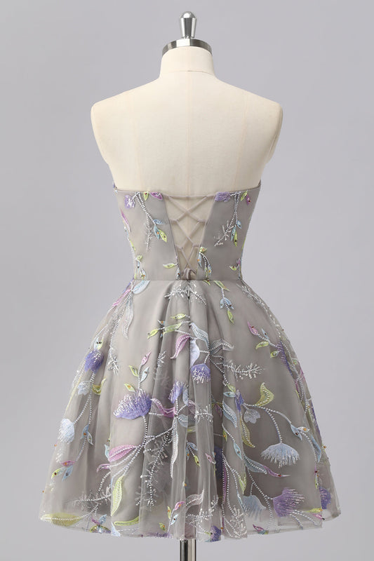 Grey A-line Strapless Floral Mini Cocktail Dress with Embroidery