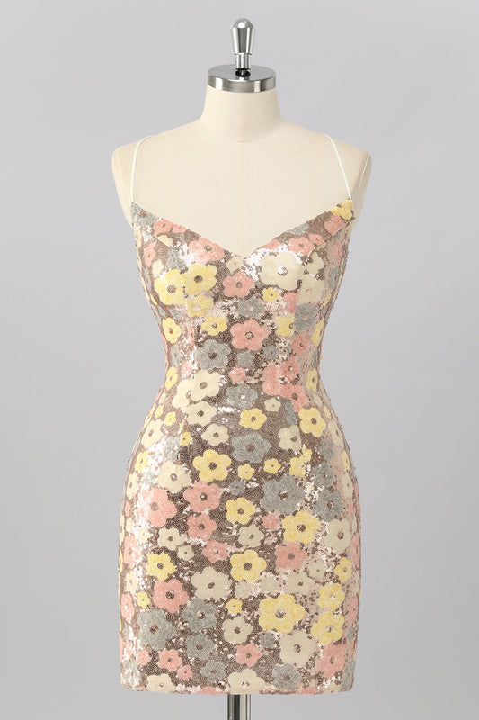 Robe de cocktail courte moulante à sequins, à motif floral jaune