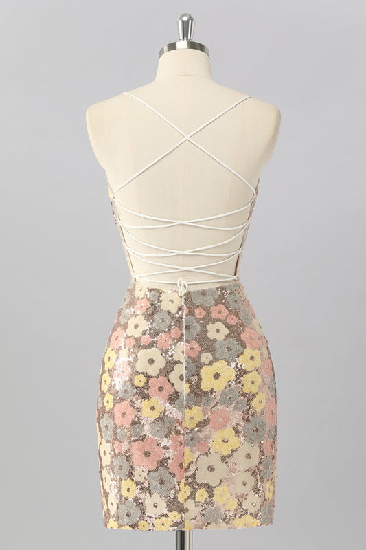 Robe de cocktail courte moulante à sequins, à motif floral jaune