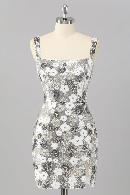 Robe de cocktail courte moulante fendue, à sequins floraux argentés étincelants