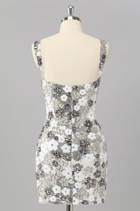 Robe de cocktail courte moulante fendue, à sequins floraux argentés étincelants