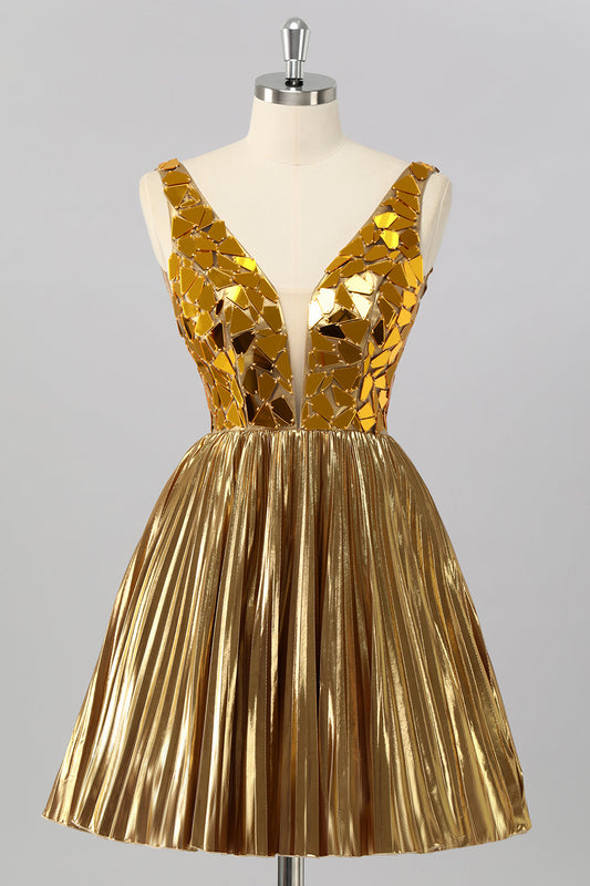 Golden Mirror Metallic A-Line Short Prom Dress