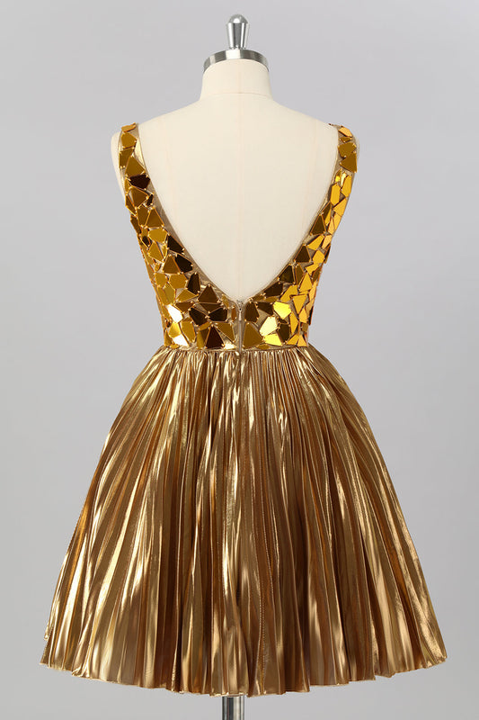 Golden Mirror Metallic A-Line Short Prom Dress