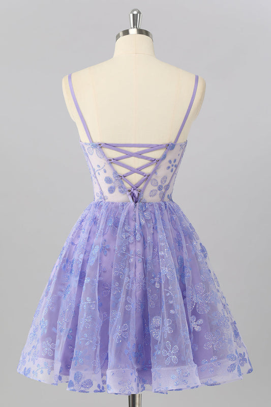 Purple A Line Spaghetti Straps Corset Sequin Cocktail Dress
