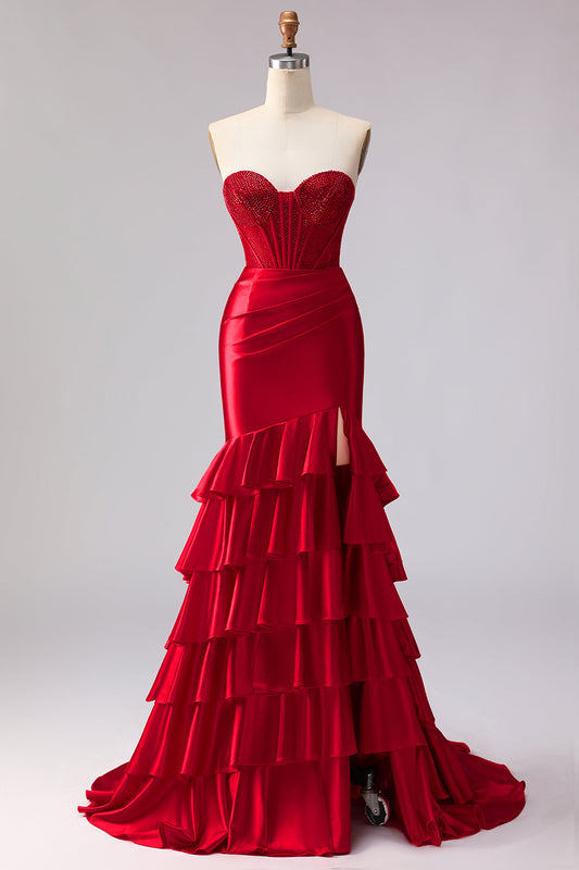 Red Mermaid Sweetheart Beaded Corset Ruffled Long Prom Dress with Slit