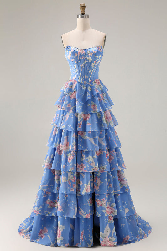 Dark Blue Strapless A-line Corset Bodice Floral Long Prom Dress with Chiffon Ruffle Skirt