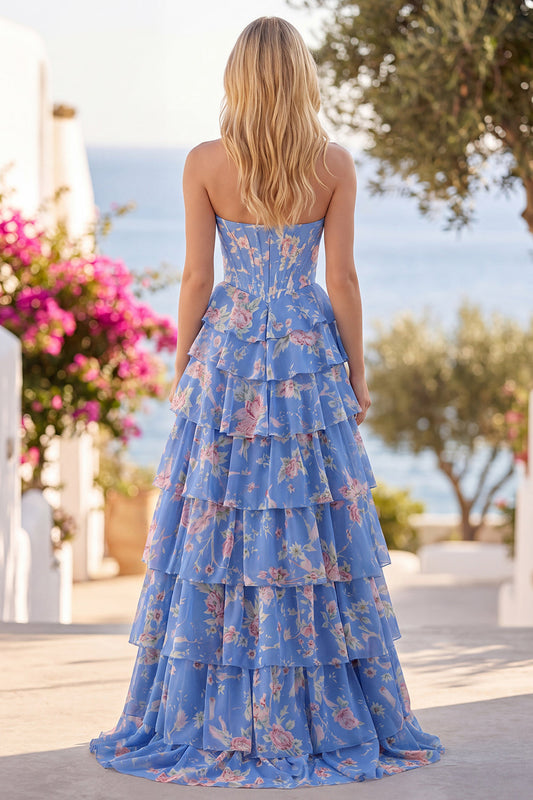 Strapless A-Line Dark Blue Basque Waist Corset Long Floral Prom Dress with Ruffles