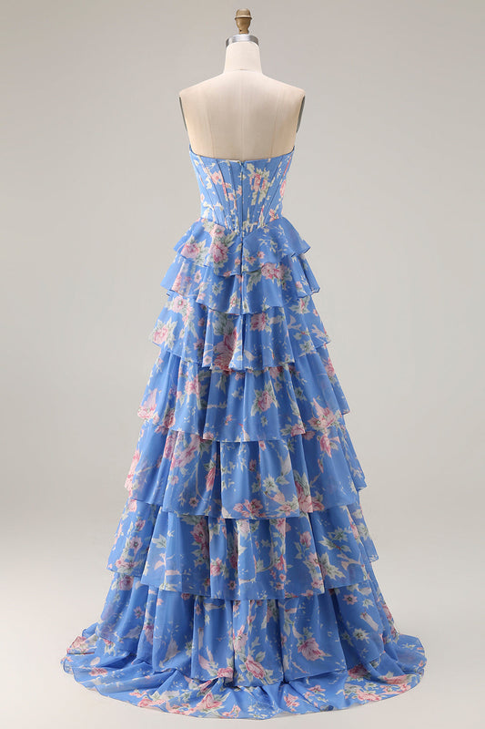 Dark Blue Strapless A-line Corset Bodice Floral Long Prom Dress with Chiffon Ruffle Skirt