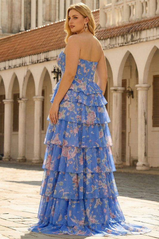 Dark Blue Strapless A-line Corset Chiffon Floral Long Plus Size Prom Dress with Ruffles