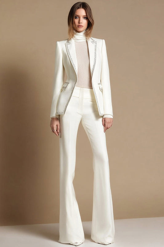 2-Piece Sparkly White Peak Lapel Prom Suits with Beading