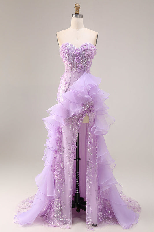 Robe de bal longue lilas scintillante fourreau à volants fendue sur le côté avec fleurs 3D et décolleté en cœur