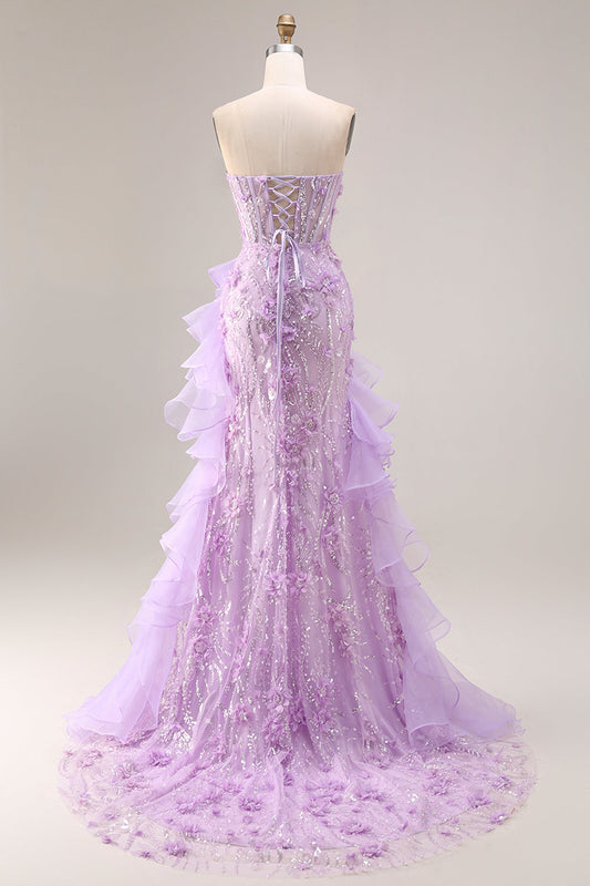 Robe de bal longue lilas scintillante fourreau à volants fendue sur le côté avec fleurs 3D et décolleté en cœur