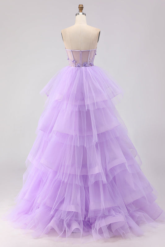 Robe de bal longue princesse bustier corset violet perles à volants