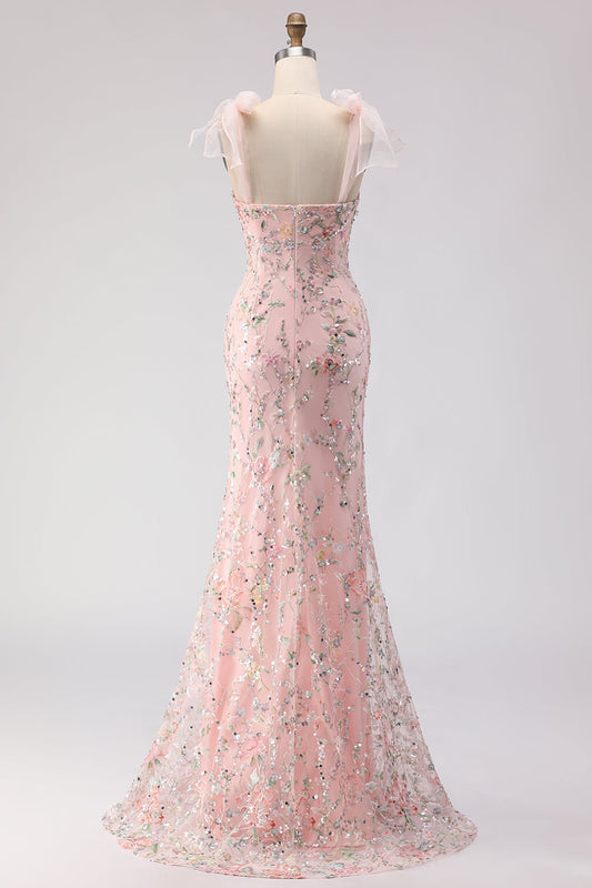 Blush Sequins Mermaid Embroidered Long Prom Dress with Slit