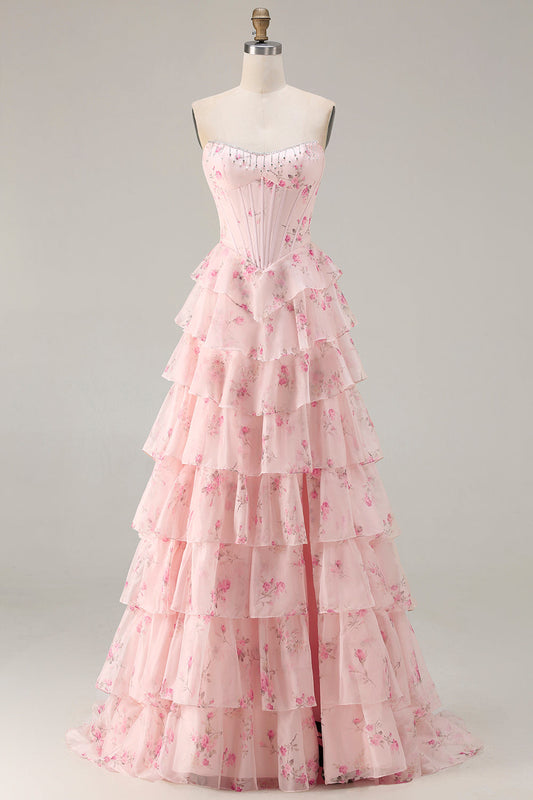 Strapless Pink A Line Tiered Ruffle Corset Floral Long Prom Dress with Slit