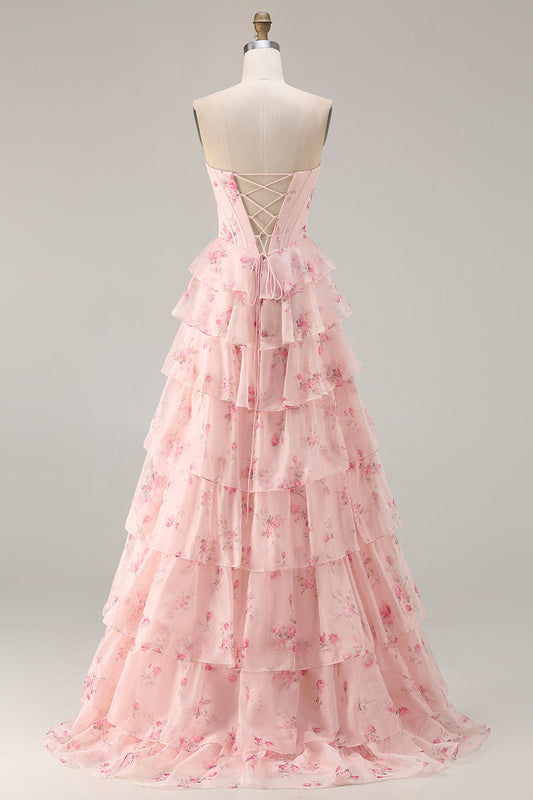 Strapless Pink A Line Tiered Ruffle Corset Floral Long Prom Dress with Slit