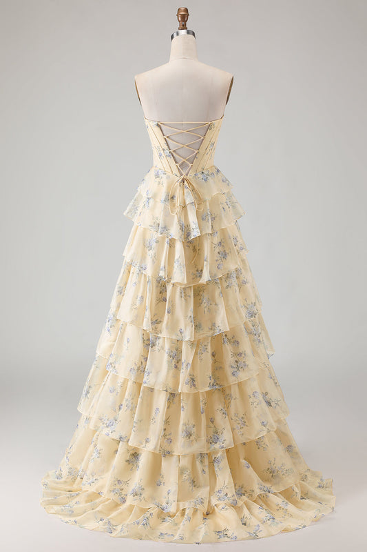 Robe de bal longue corset fendue à volants étagés motif floral jaune et bleu sans bretelles, coupe trapèze